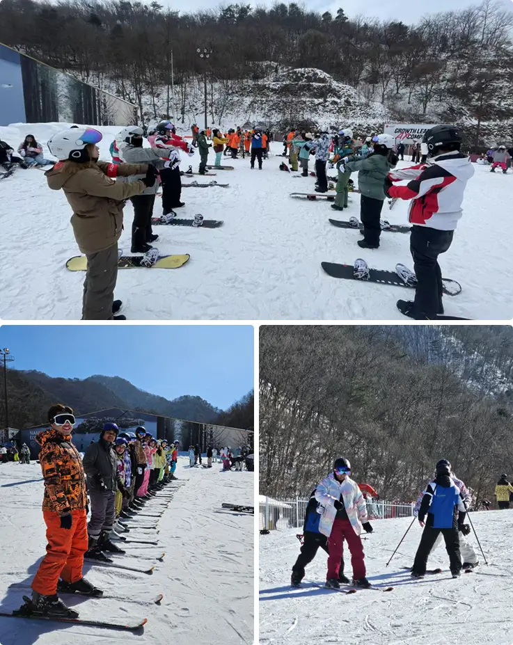 Students receiving ski and snowboard lessons at Elysian Gangchon Ski Resort.