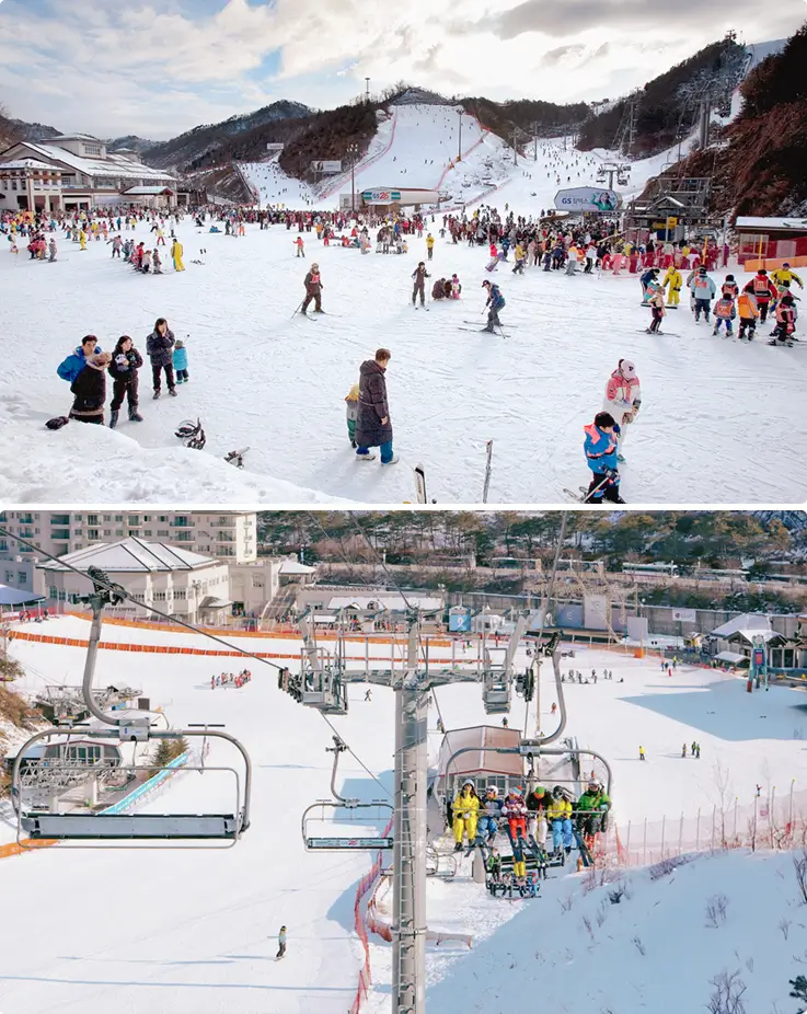 Skiiers on the slopes and lifts at Elysian Gangchon Ski Resort