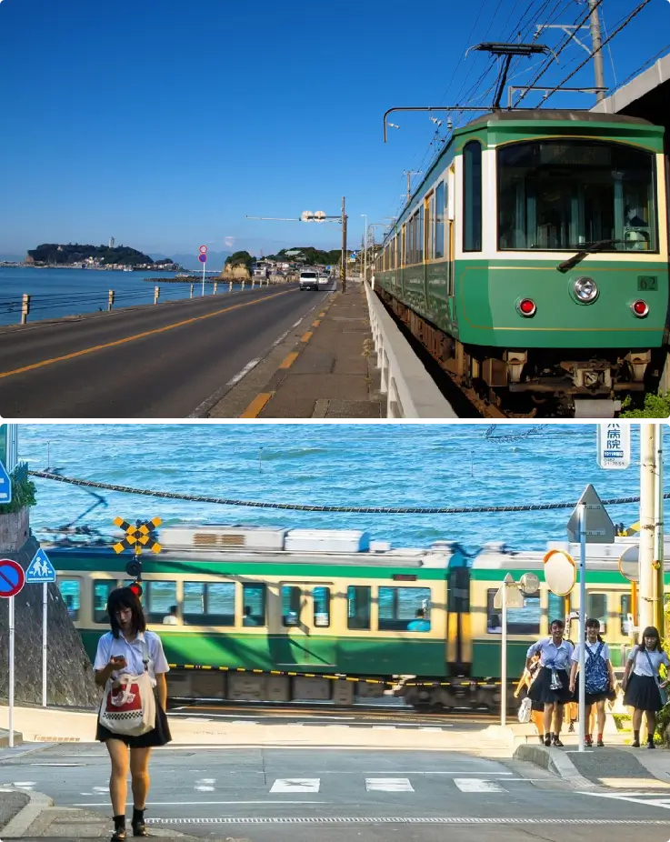 Enoden train passing Kamakura High School crossing near the Shonan coast