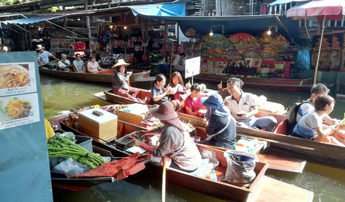 Damnoen Saduak Floating Market + Erawan Waterfall + River Kwai 1 Day Tour - from Bangkok