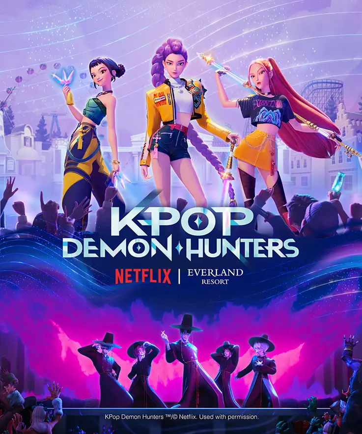 K-pop demon hunters poster with everland resort
