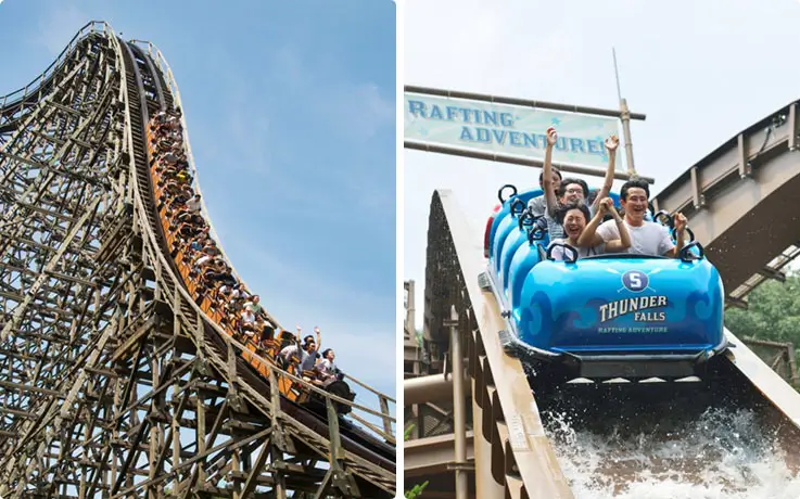 Thrill rides at Everland including T-express wooden roller coaster and thunder falls.