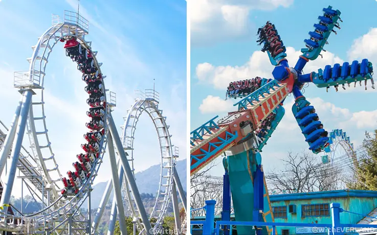 Thrill rides at Everland including Rolling X-Train roller coaster and Let's Twist.