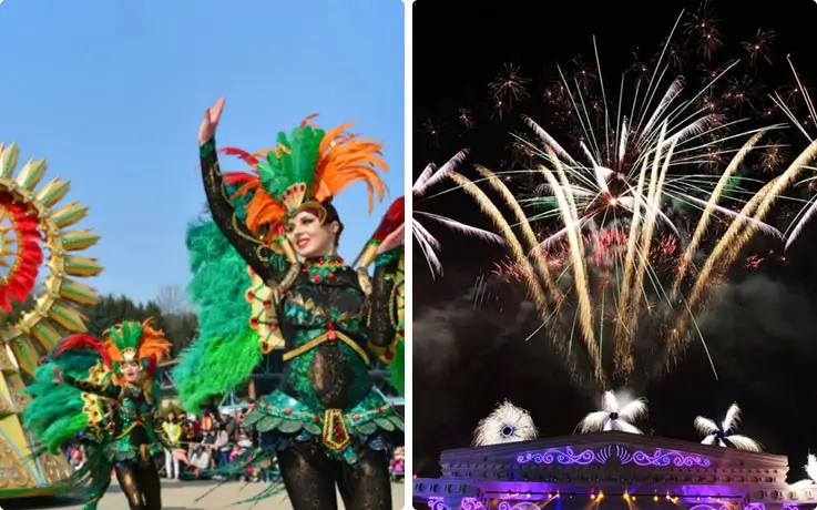 Parade during the day at Everland on the left and fireworks at night on the right.