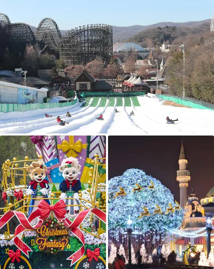 Everland in winter: Snow Buster sledding hills, Christmas illuminations, and festive performances.