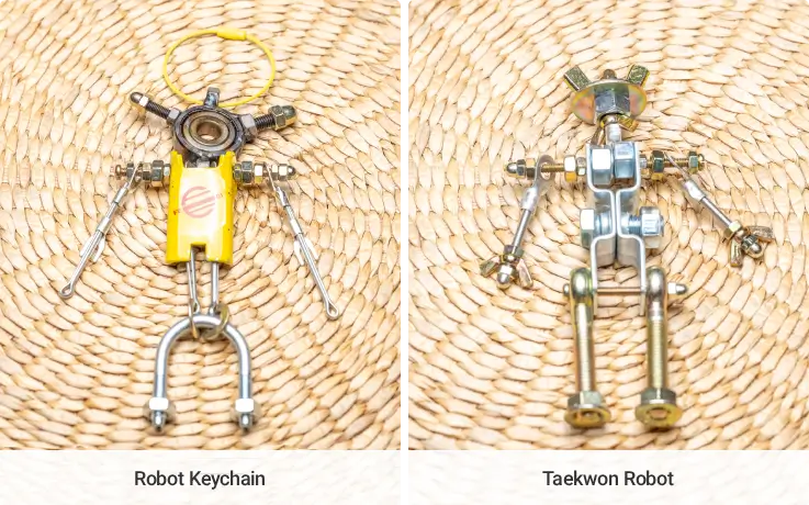 DIY junk art kits including robot keyring, Taekwondo robot, car, and bike models