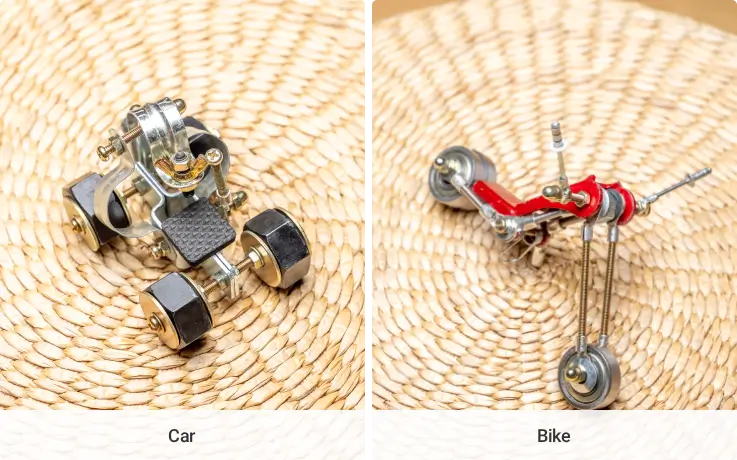 DIY junk art kits including robot keyring, Taekwondo robot, car, and bike models