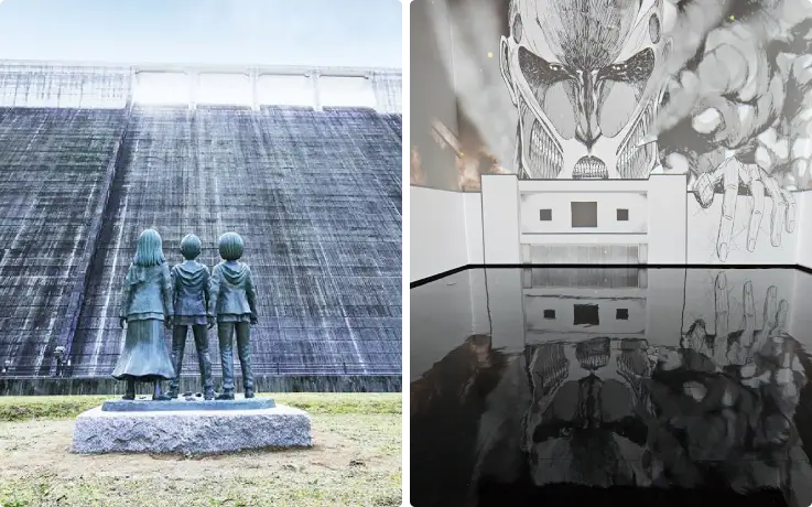 Exhibit inside the Attack on Titan Museum with life-size characters and displays