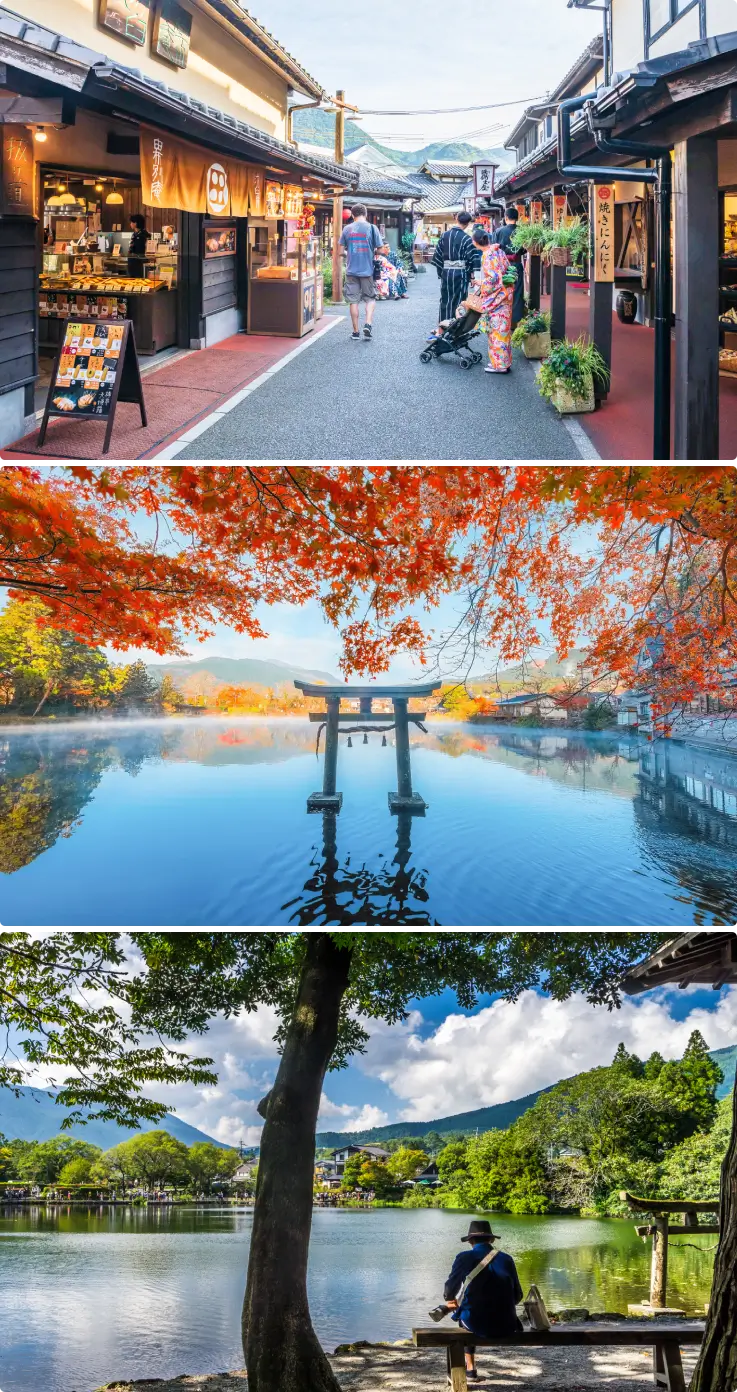 Scenic view of Yufuin hot spring town with shops and Mt. Yufu in the background