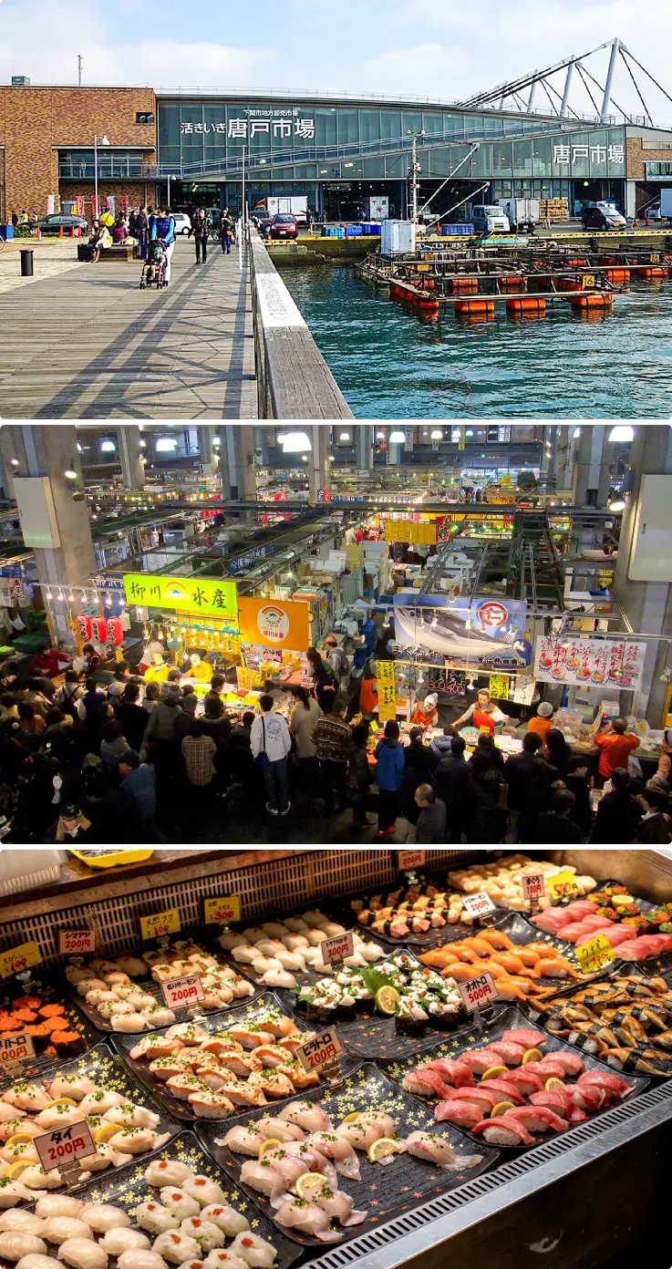 Fresh sushi and seafood displayed at Karato Seafood Market