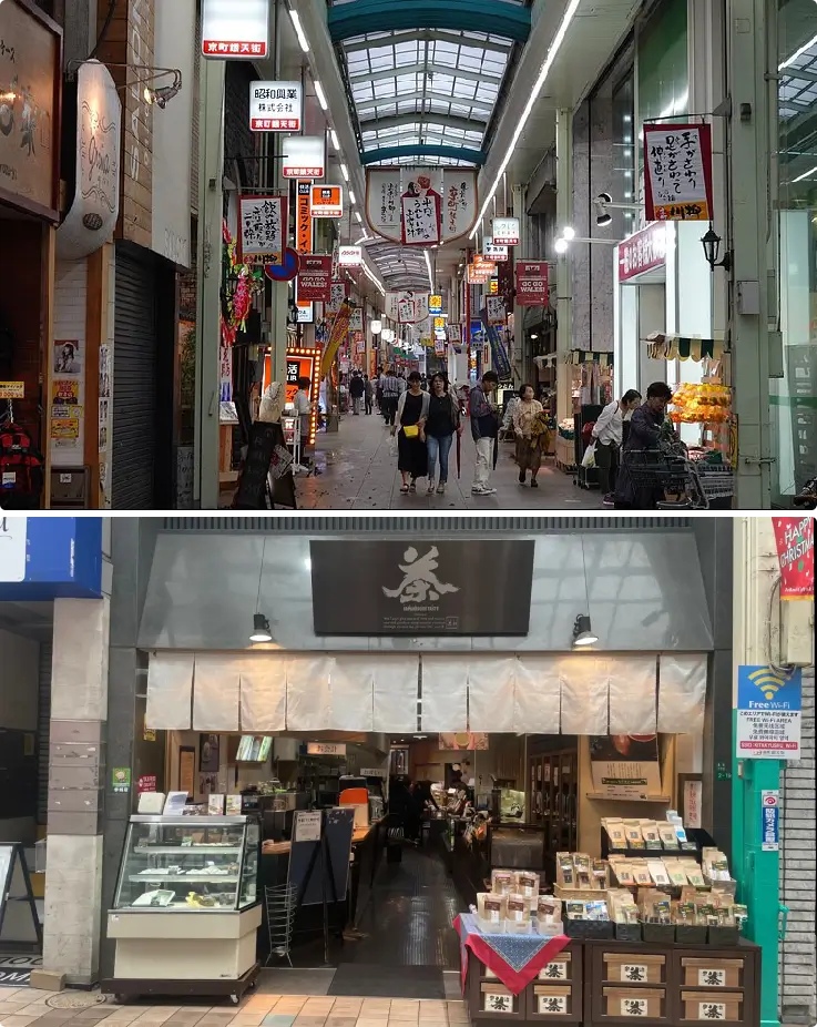 Shoppers walking along Uomachi Gintengai Street with colorful storefronts