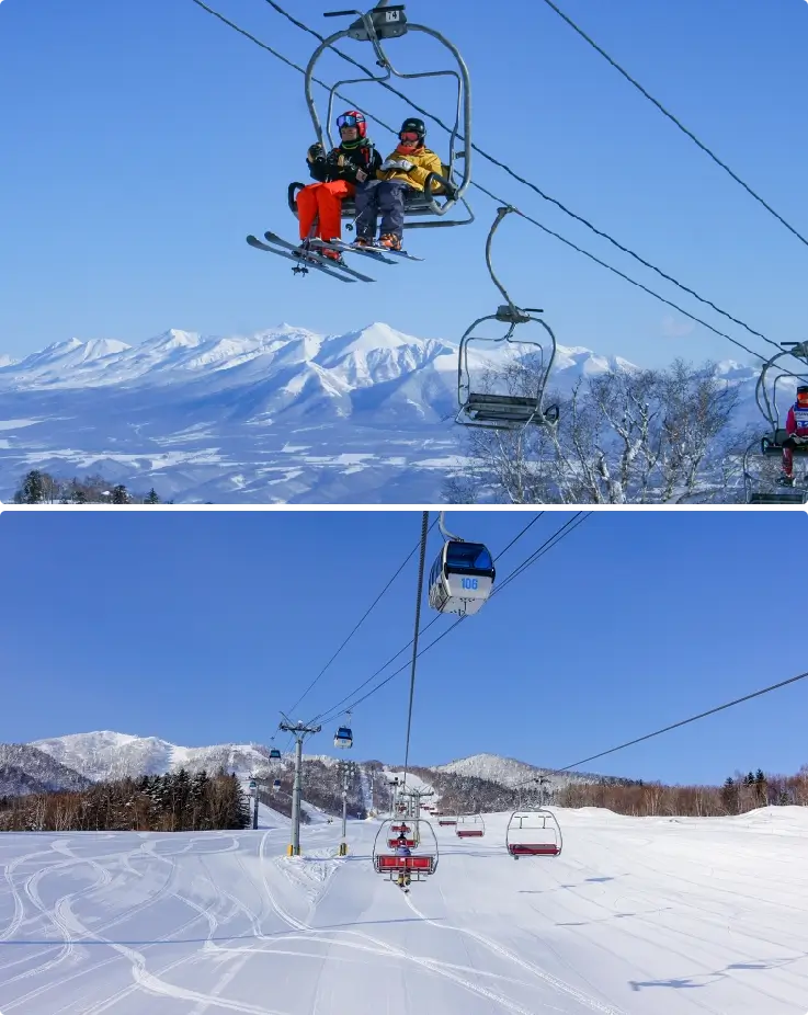 Skiers riding the lift at Furano Ski Resort in Hokkaido