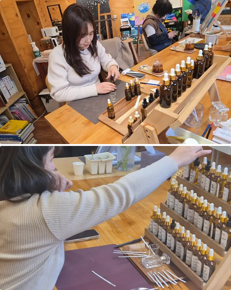 Visitors participating in the perfume-making experience