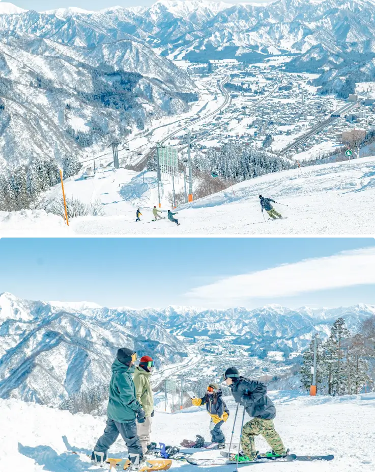 Panoramic view of snow-covered slopes and skiers enjoying GALA Yuzawa Ski Resort.