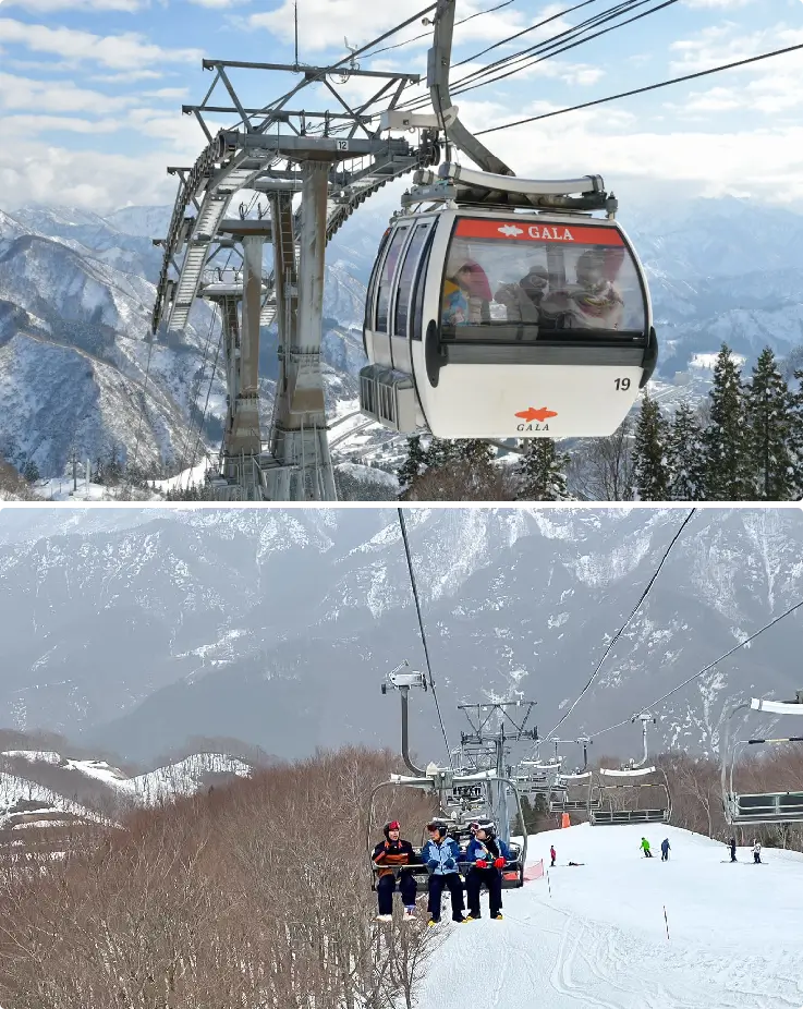 Gondola and sightseeing lift at GALA Yuzawa Ski Resort with visitors enjoying panoramic winter views.