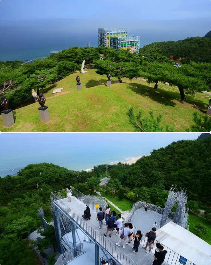 Sculptures and modern architecture at Haslla Art World in Gangneung, South Korea.