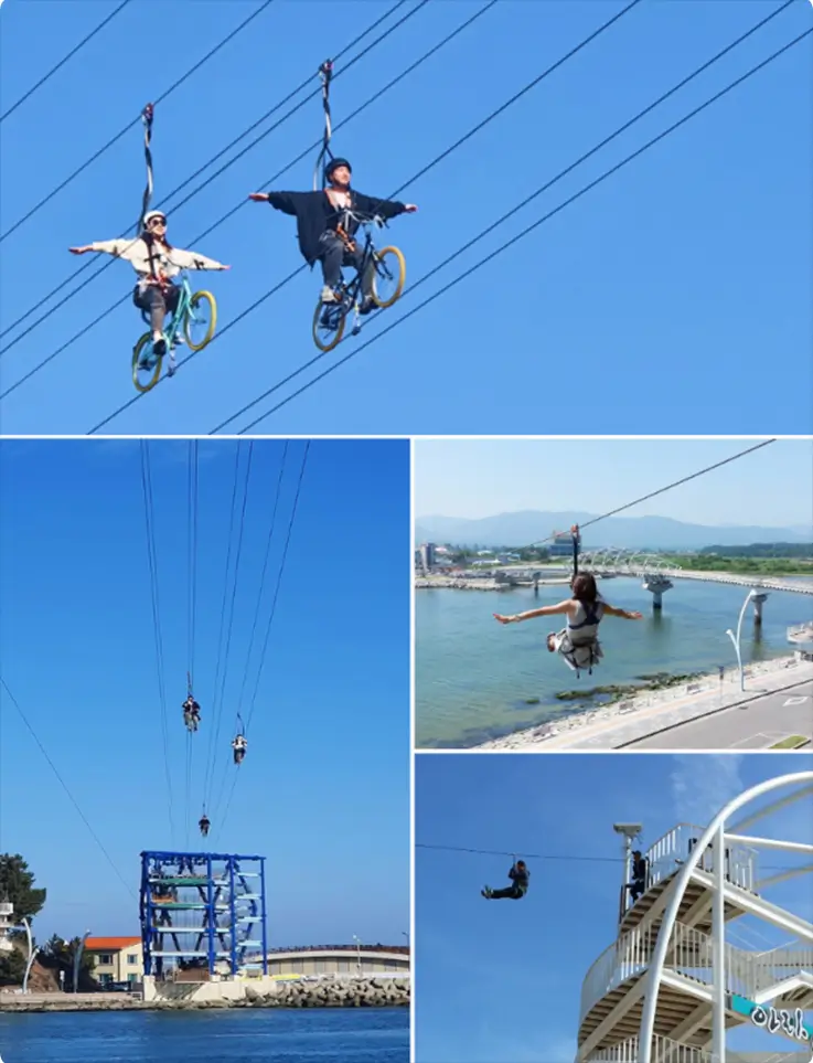 Visitors enjoying the sea sky bike and zipline in Gangneung.