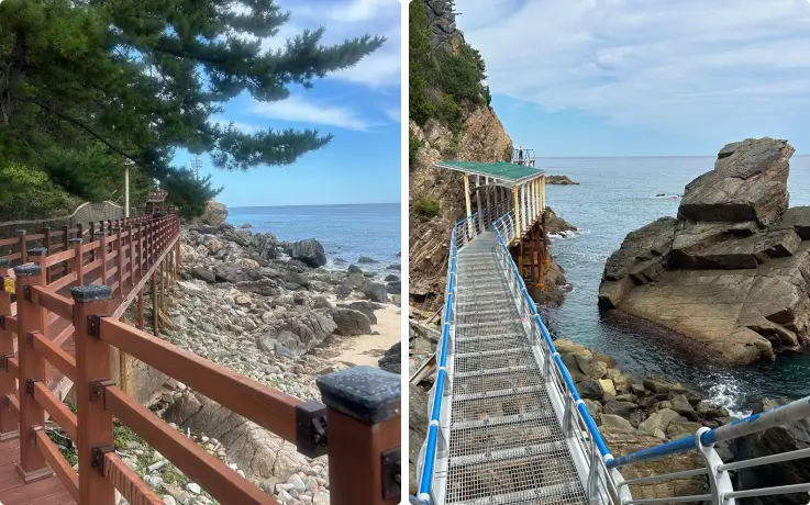 Gangneung's Badabuchaegil with waves crashing on the rocky shore and a scenic wooden walkway.