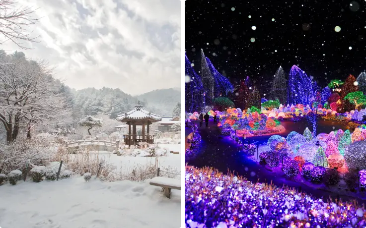 Garden of Morning Calm winter landscape with lights and snow.