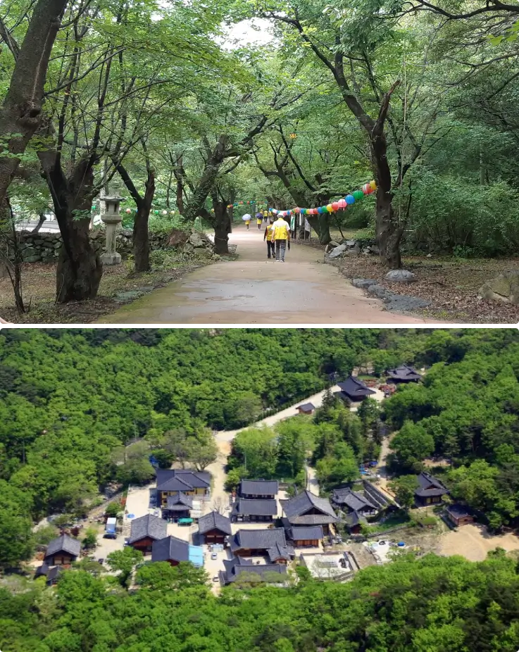 Traditional temple buildings at Geungguksa Temple surrounded by greenery