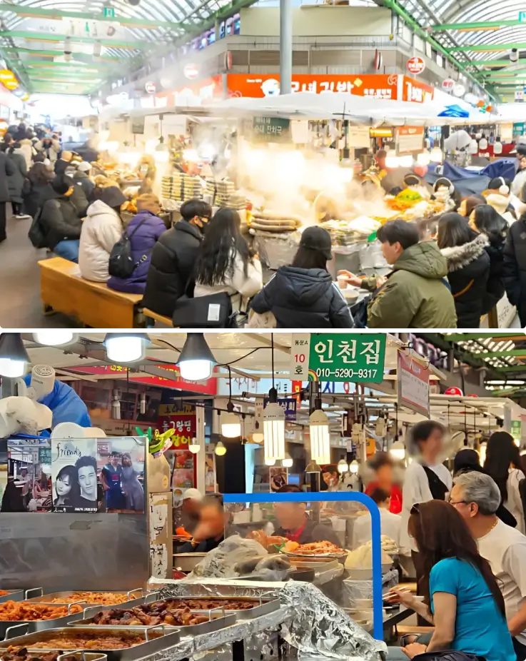 Lively food stalls and local vendors at Gwangjang Market in Seoul.