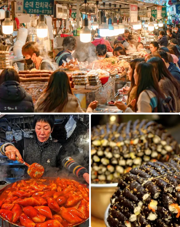 Tteokbokki and gimbap sold at Gwangjang Market