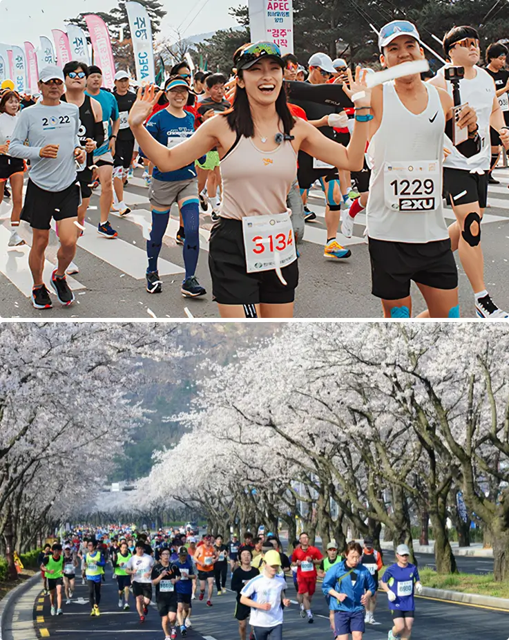 Runners racing with breathtaking views around Bomun Lake at the Gyeongju Chery Blossom Marathon.