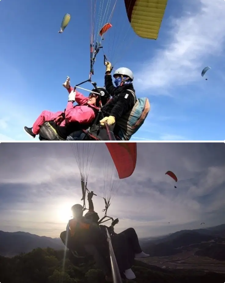 Aerial view during tandem paragliding flight in Gyeongju.