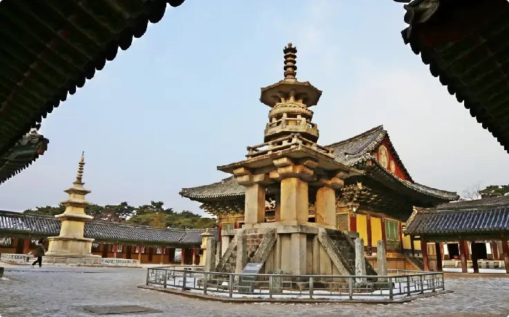 Stone pagodas and temple buildings at Bulguksa Temple in Gyeongju.