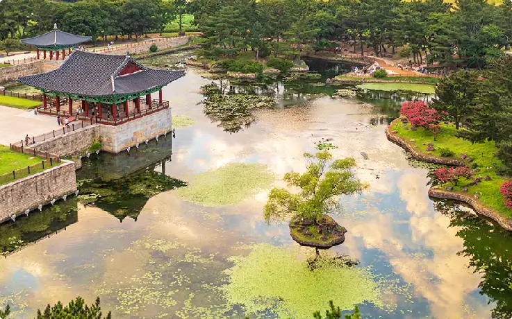 Donggung Palace reflected in Wolji Pond in Gyeongju.