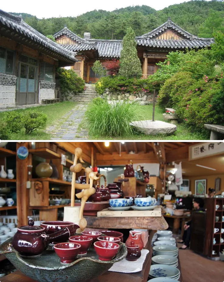 Traditional craft houses and artisan workshops at Gyeongju Folk Craft Village.