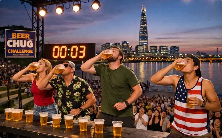 Beer chug challenge at at My Pace Hangang Triathlon Festival