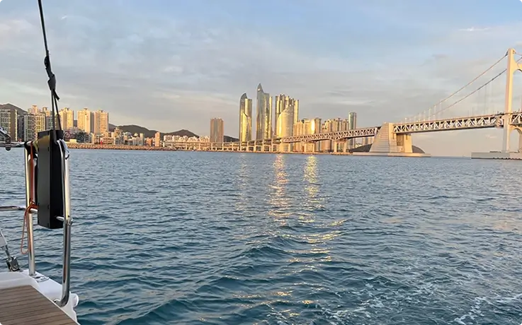 Marine city views on the private yacht in Busan