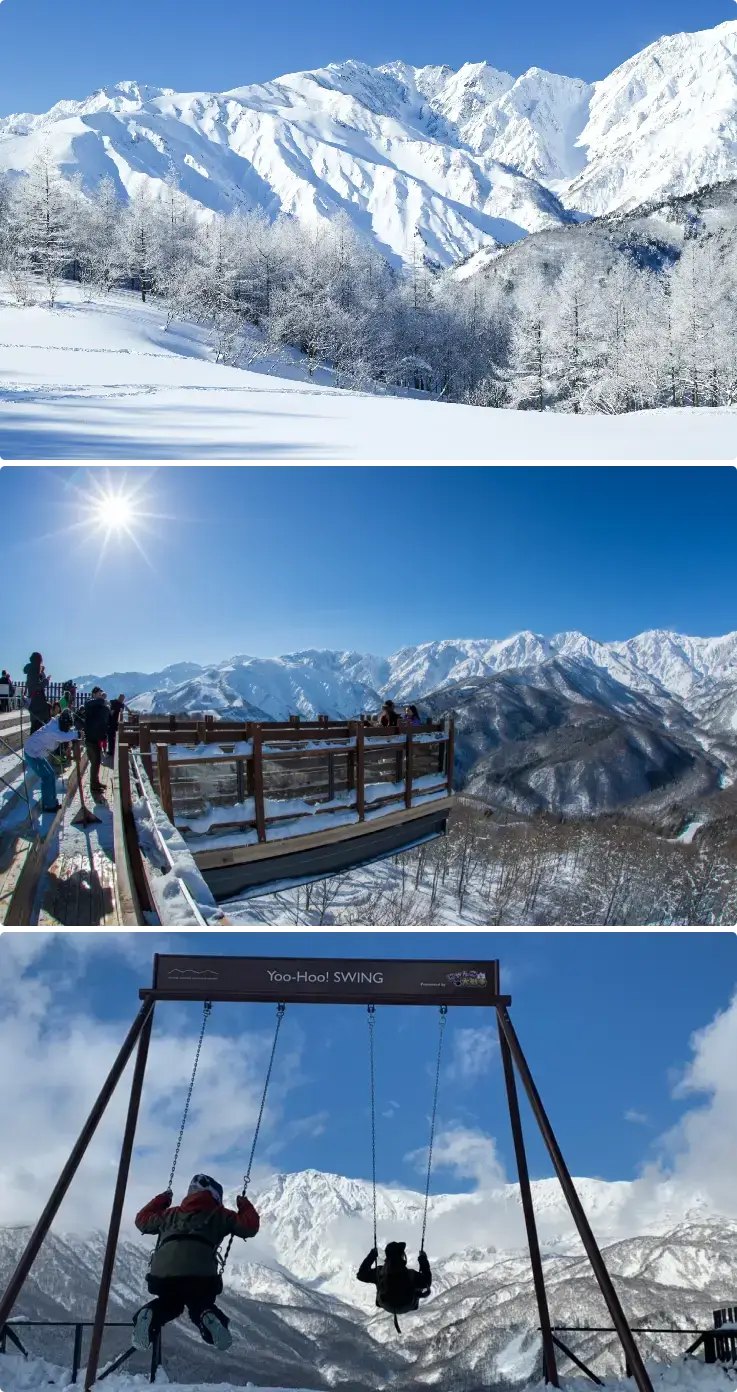 Traveler enjoying the mountain-top swing with stunning snowy scenery at Hakuba Iwatake Snow Field.