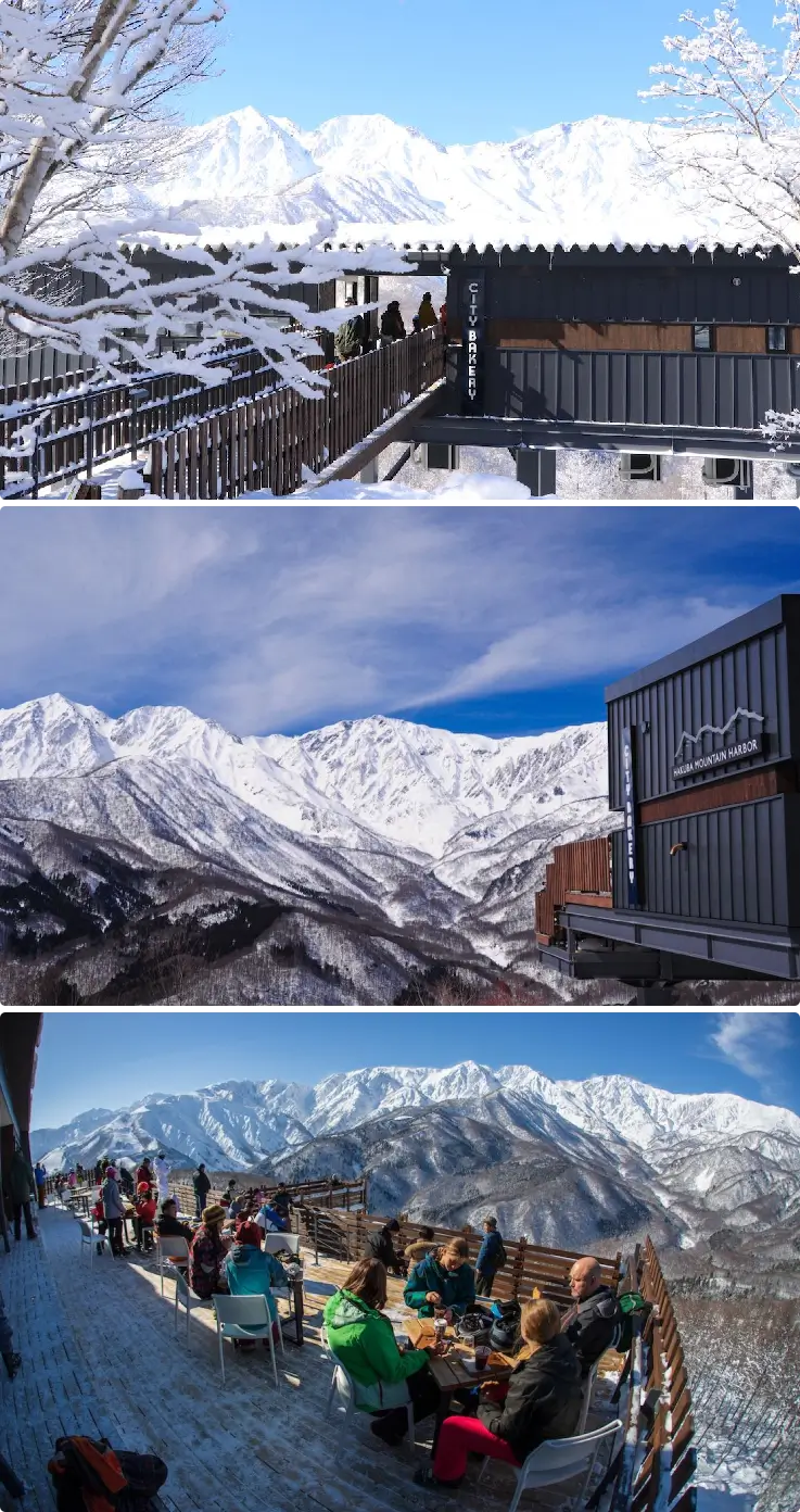 Visitors enjoying food and views at Iwatake Summit Bakery in Hakuba.