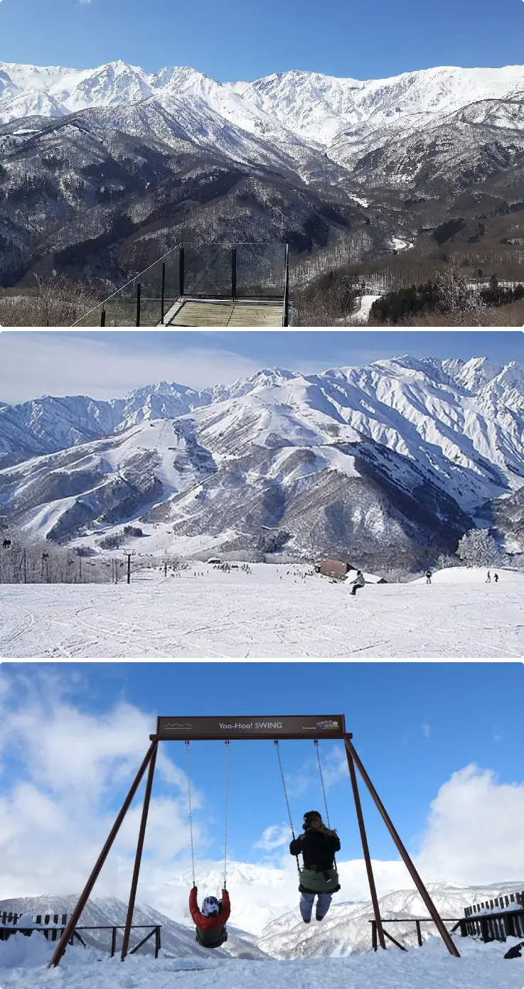 Panoramic view of Hakuba Iwatake Snowfield with snowy slopes.