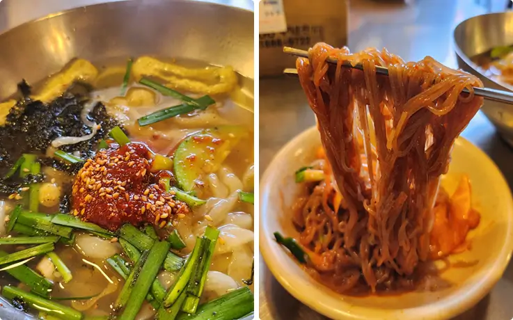 Kalguksu and Korean cold noodles sampled on a food tour around Seoul.