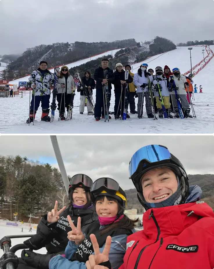 Skiers taking a group photo below the slopes of High1 Ski Resort.