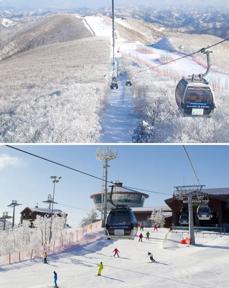 Scenic gondola ride over the snow-covered slopes of High1 Ski Resort.