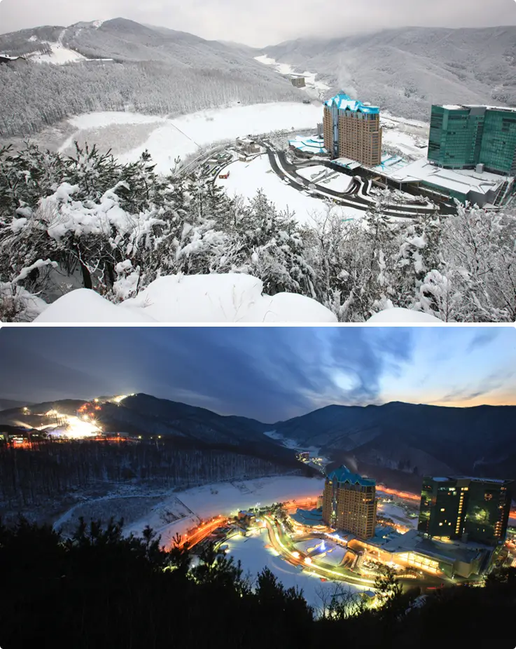 Birds-eye-view of High1 Ski Resort in the day and night.