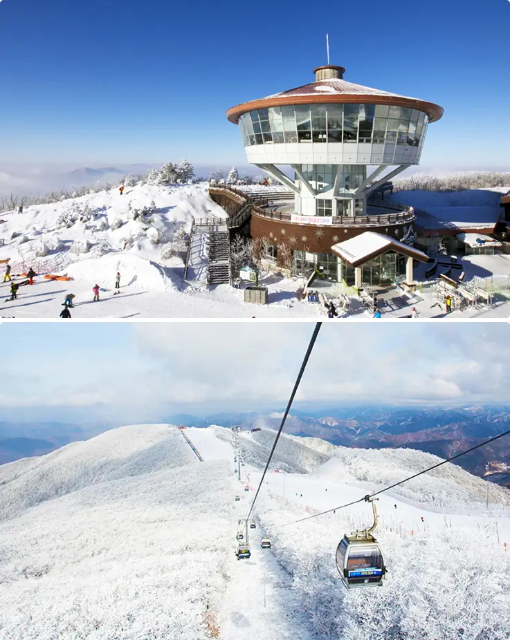 Sightseeing gondola gliding over snow-covered mountains at High1 Ski Resort.