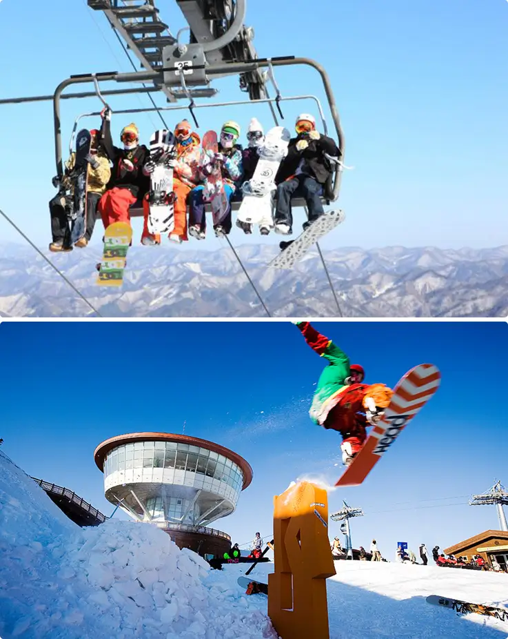 Ski lift and snowboarder at High1 Ski Resort.