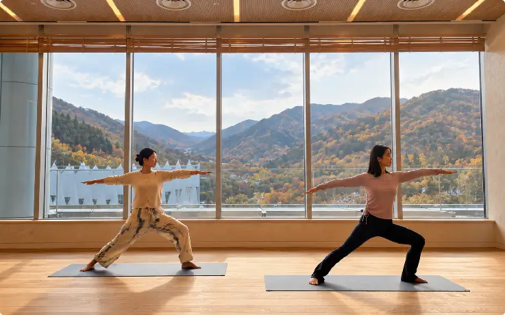 Yoga class at the Wellness Center at High1 Resort surrounded by peaceful mountain scenery