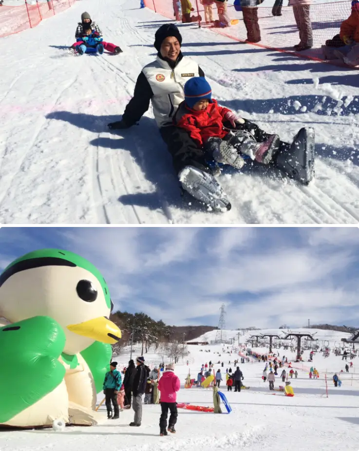Children enjoying winter activities at Hirugano Kogen Ski Resort with snow and mountains in the background.
