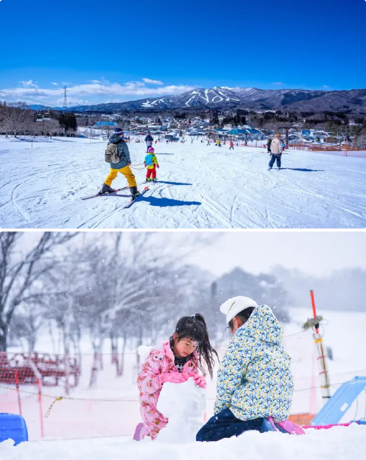 Family building a snowman and skiing on a sunny winter day at Hirugano Kogen Ski Resort.