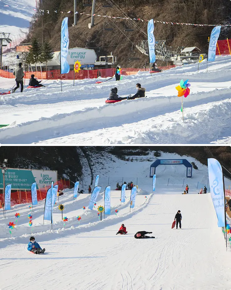 Visitors enjoy snow sledding on a snowy hill at Elysian Gangchon Ski Resort.