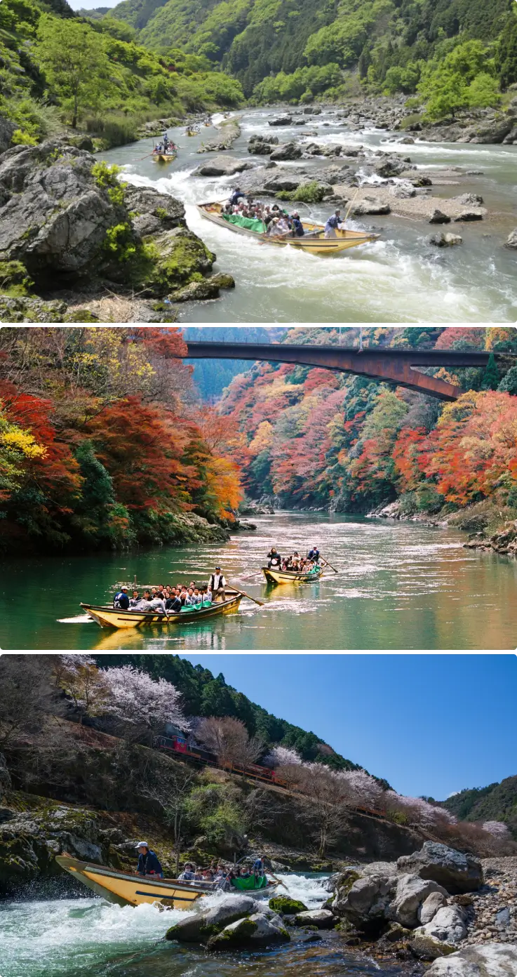 Boat ride on the Kyoto Kameoka Hozugawa River with beautiful seasonal views.
