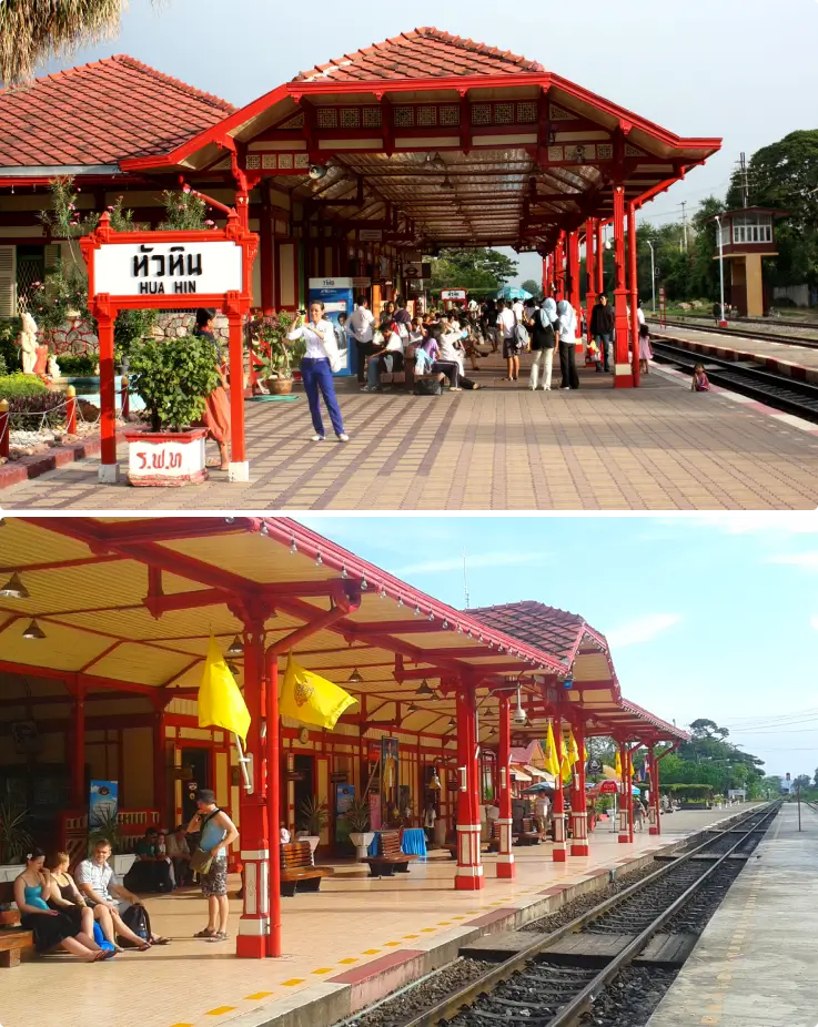 Tourists taking pictures at Hua Hin Railway Station, one of Thailand's oldest railway stations.