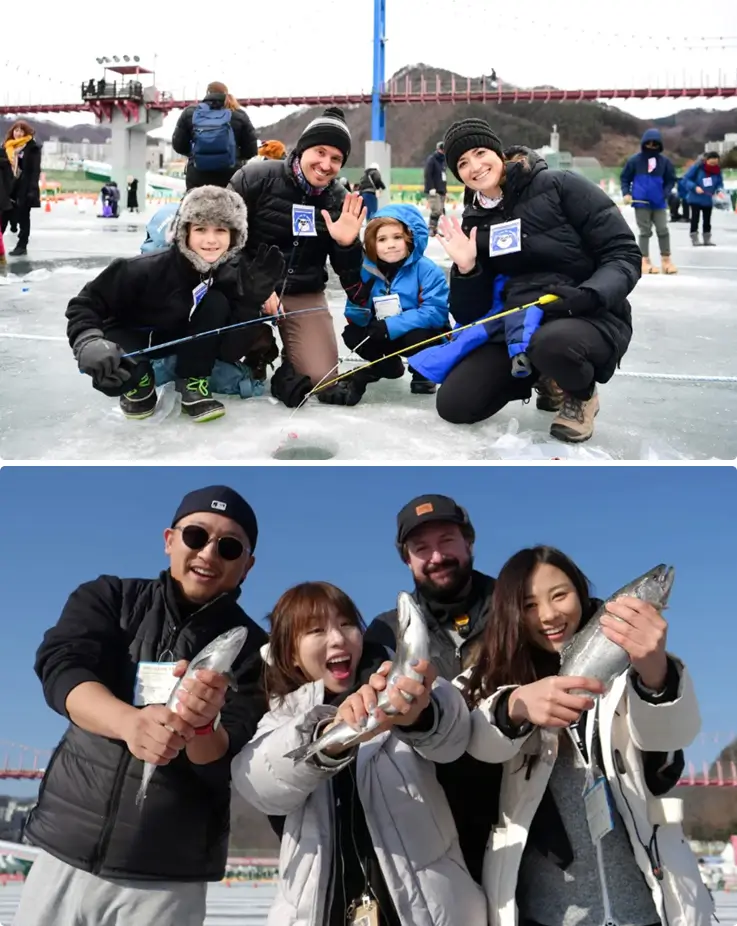 Visitors enjoying ice fishing at the Hwacheon Sancheoneo Festival in Korea.