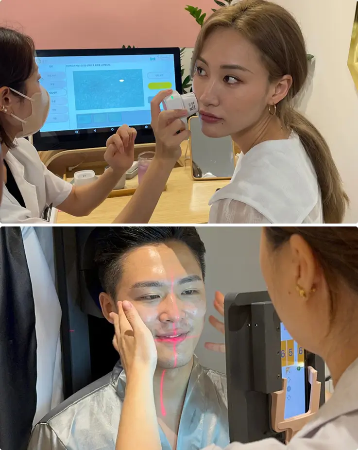 Customers receiving a skin analysis using various modern devices at Individual Geneve.